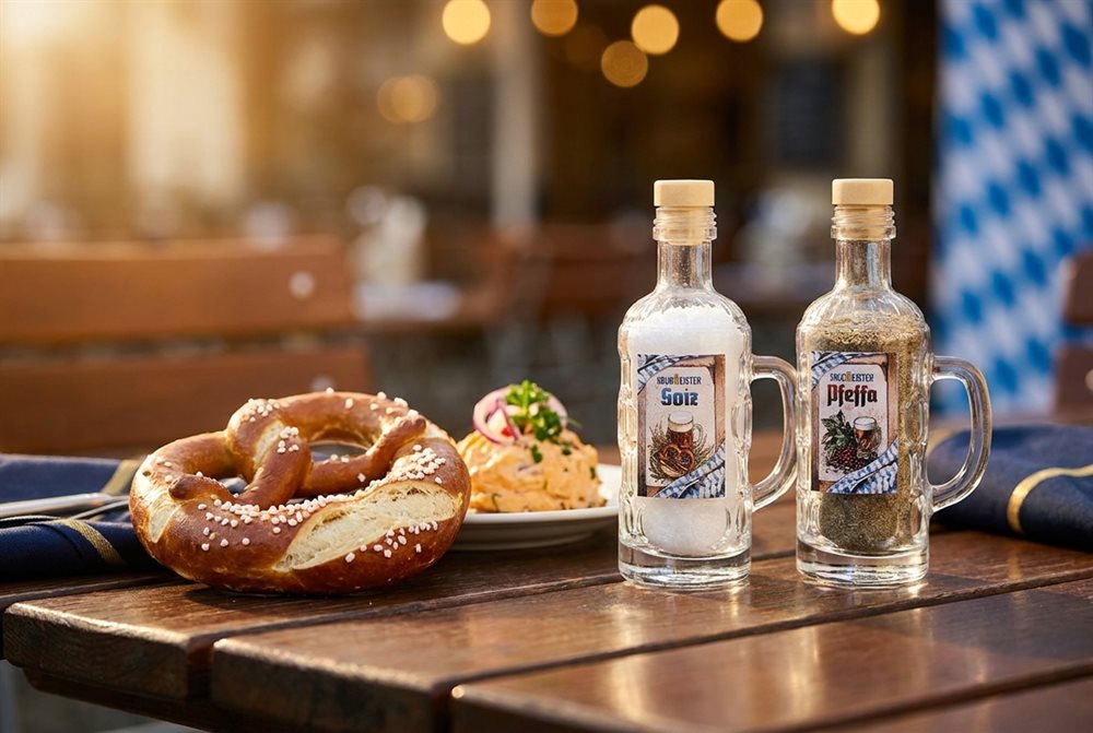Krugmeister Soiz & Pfeffa – Salz- und Pfefferset im Maßkrug-Look mit Breze und Obatzda im Biergarten